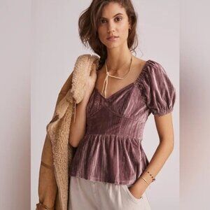 Anthropologie Porridge Peplum Velvet Blouse Top Plum